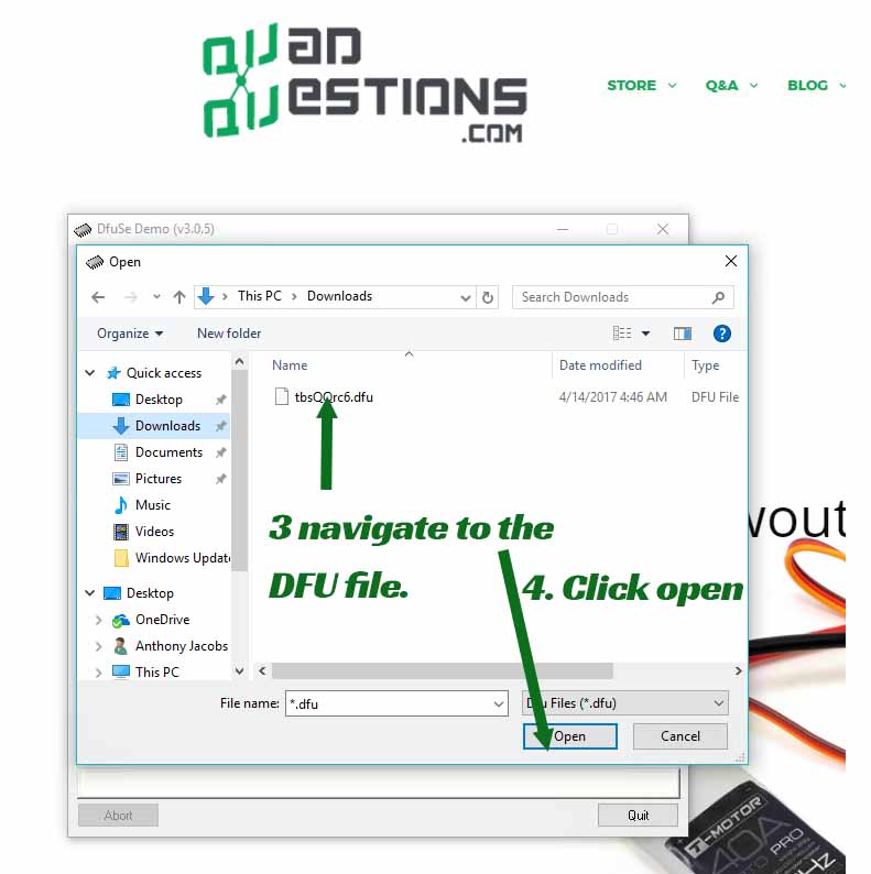 How to use dfuse to un brick a QQ190 colibri VCP flight controller step 3& 4