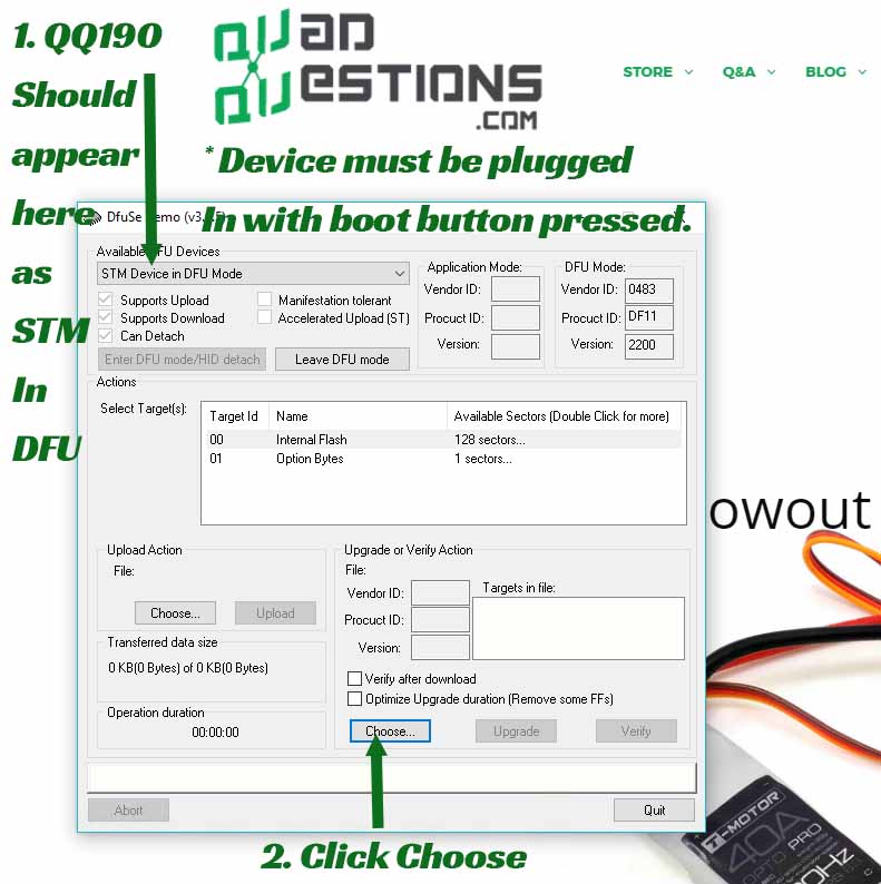 How to use dfuse to un brick a QQ190 colibri VCP flight controller step 1 & 2